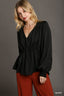 Satin Black V-neck Ruffle Baby Doll Top With Cuffed Long Sleeve