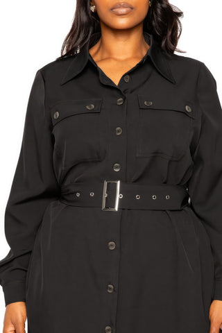 Plus-size black Satin Effect Belted Jacket Dress with button-down front and collar, showcasing elegance and versatility.