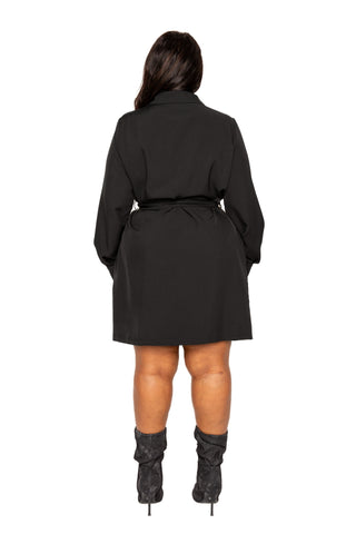 Plus size model wearing black Satin Effect Belted Jacket Dress, showcasing back view with elegant design and comfortable fit.