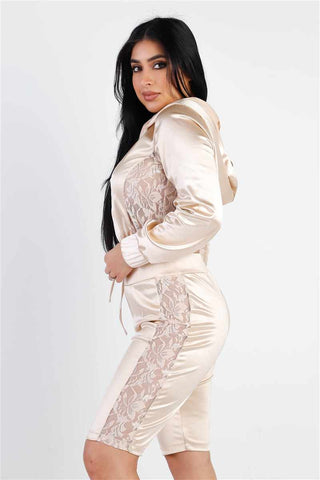 Satin Lace Details Long Sleeve Hooded Crop Top & Biker Short Set-Black