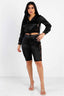 Satin Lace Details Long Sleeve Hooded Crop Top & Biker Short Set-Black