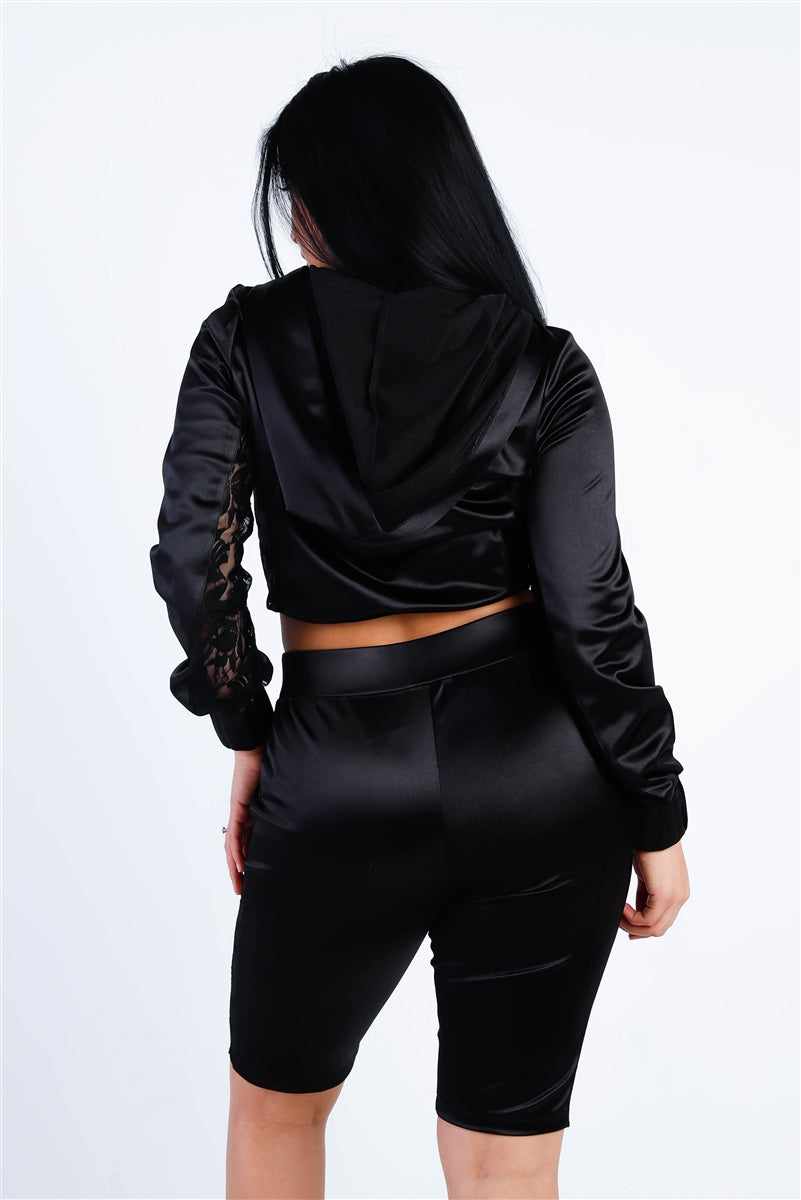 Satin Lace Details Long Sleeve Hooded Crop Top & Biker Short Set-Black