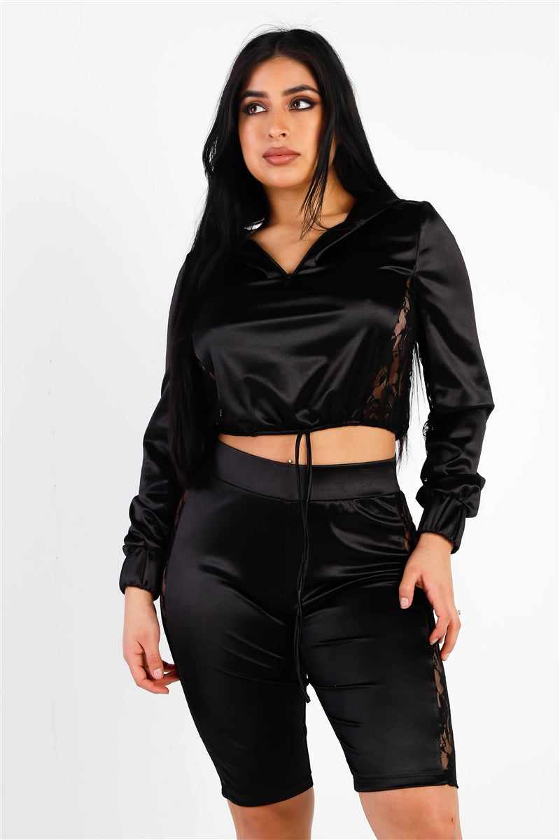 Satin Lace Details Long Sleeve Hooded Crop Top & Biker Short Set-Black