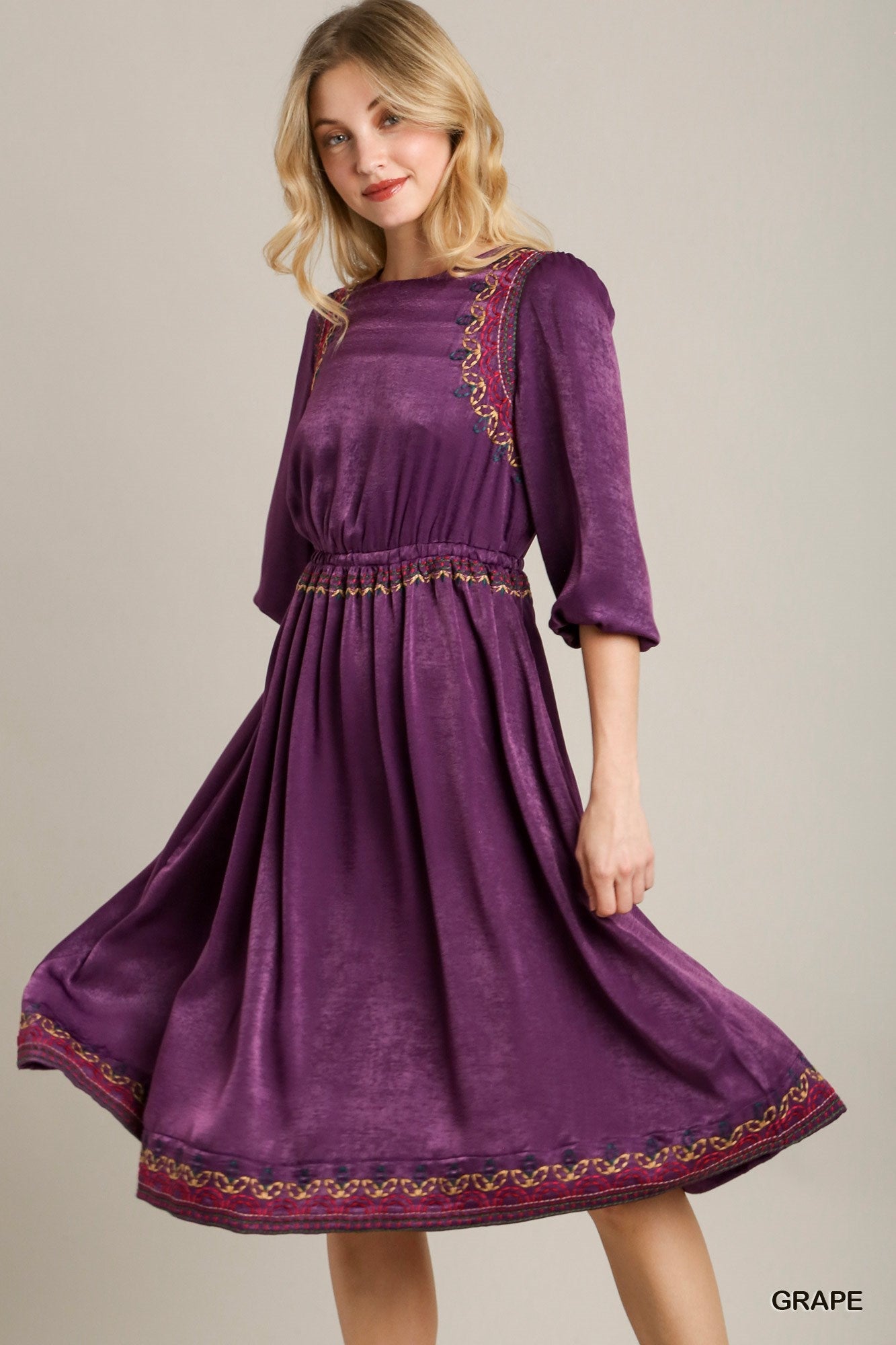 Satin Purple Round Neck Embroidery Midi Dress