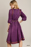 Satin Purple Round Neck Embroidery Midi Dress