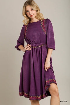 Satin Purple Round Neck Embroidery Midi Dress