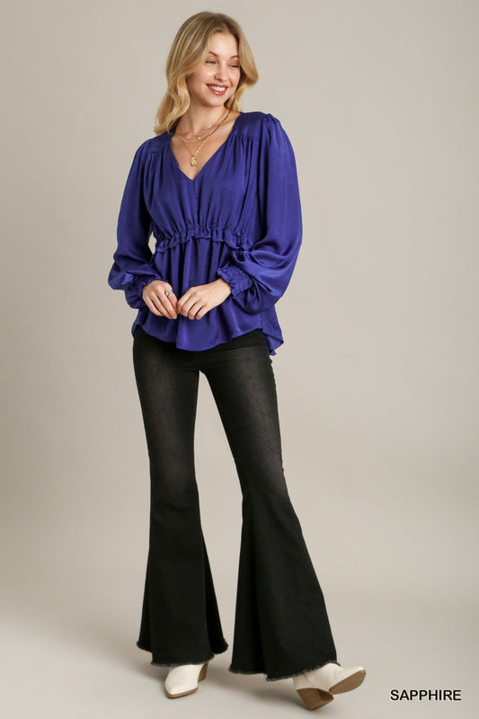 Satin Sapphire V-neck Ruffle Baby Doll Top With Cuffed Long Sleeve