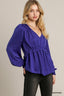 Satin Sapphire V-neck Ruffle Baby Doll Top With Cuffed Long Sleeve