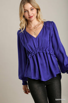 Satin Sapphire V-neck Ruffle Baby Doll Top With Cuffed Long Sleeve