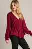 Satin Wine V-neck Ruffle Baby Doll Top With Cuffed Long Sleeve