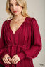 Satin Wine V-neck Ruffle Baby Doll Top With Cuffed Long Sleeve