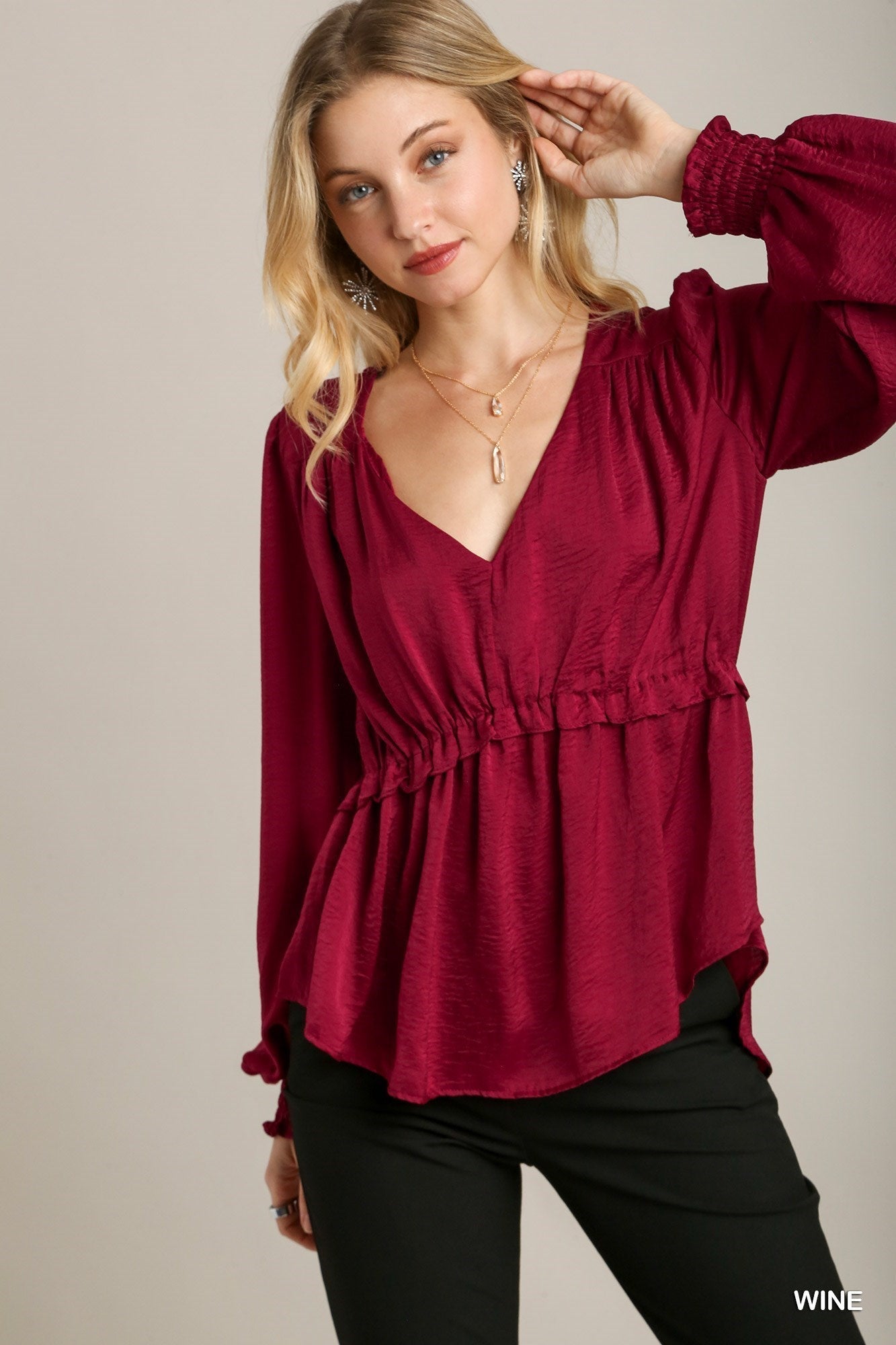 Satin Wine V-neck Ruffle Baby Doll Top With Cuffed Long Sleeve