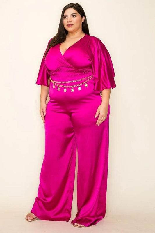 Satin Wrap Front Magenta Short Sleeve Jumpsuit