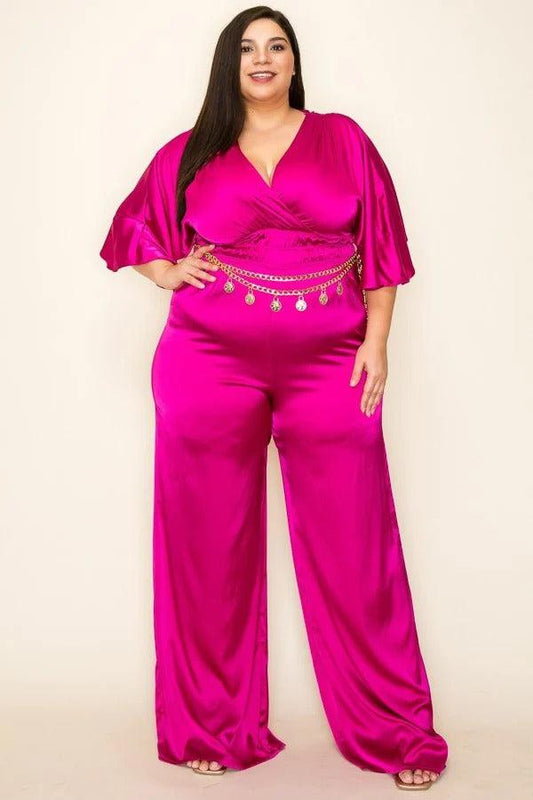 Satin Wrap Front Magenta Short Sleeve Jumpsuit