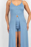 Scoop Buttoned Full Cami Top & Mini Shorts Set-Indigo