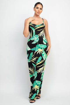 Scoop Tropical Print Black Maxi Dress
