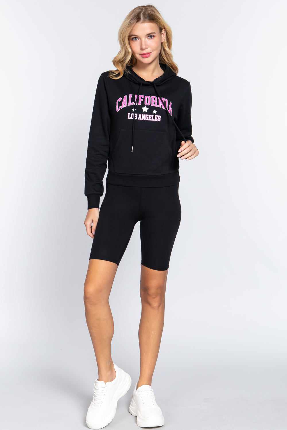 Screen Print French Terry Hoodie Top-Black