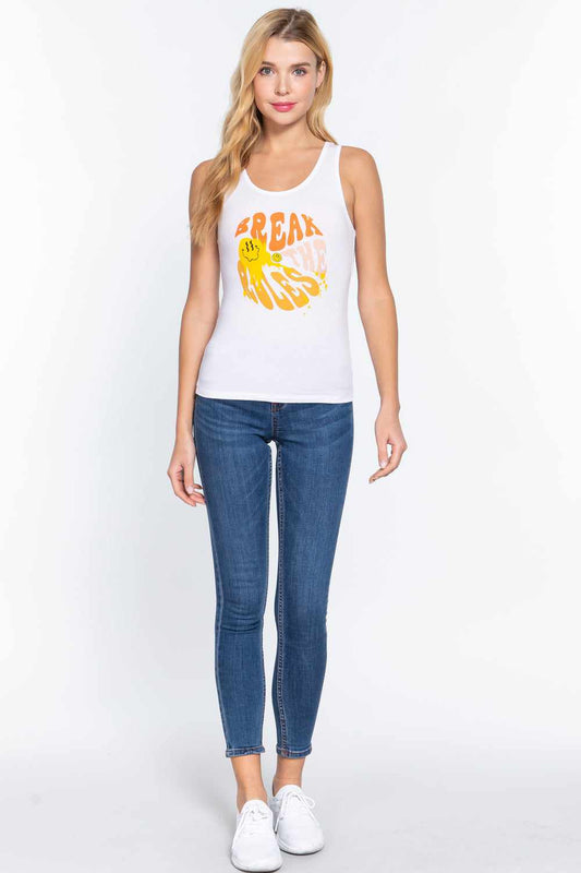 Screen Print Knit Tank Top-White