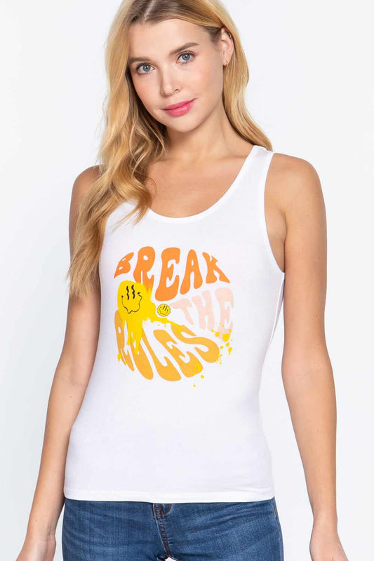 Screen Print Knit Tank Top-White