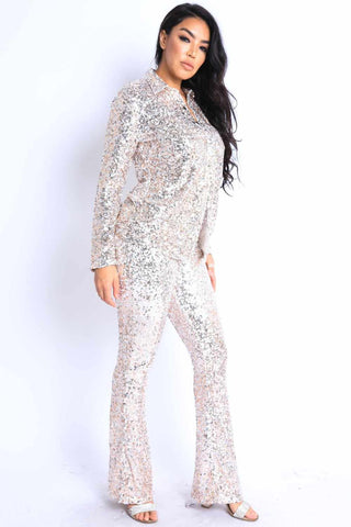 Sequin Button Down Shirt And Pant Set-Silver