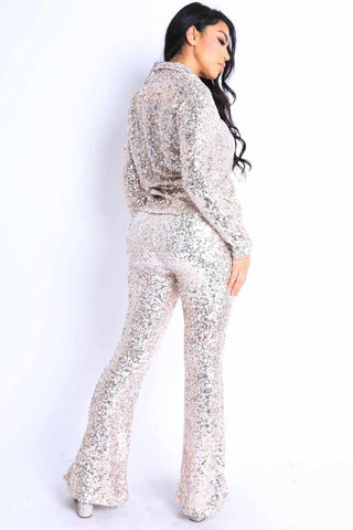 Sequin Button Down Shirt And Pant Set-Silver