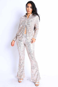 Sequin Button Down Shirt And Pant Set-Silver