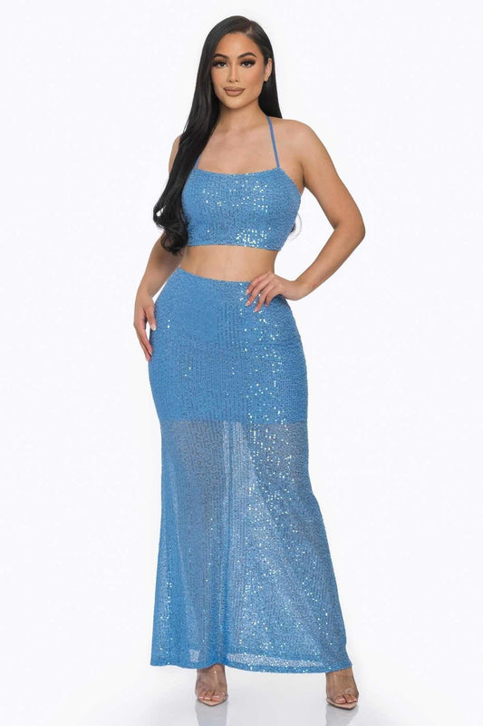 Sexy Back Sequin Maxi Dress-Baby Blue