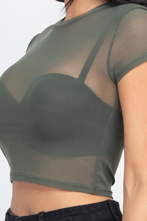 Sexy mesh sheer short sleeve crop top; lightweight fabric with polyester and spandex; trendy fashion for women; model height 5'8".