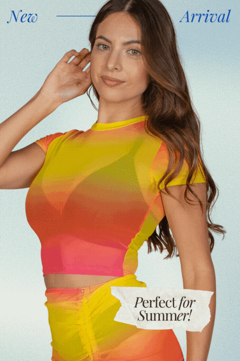 Model wearing a colorful mesh sheer short sleeve crop top, perfect for summer. New arrival fashion top. Bright rainbow colors.