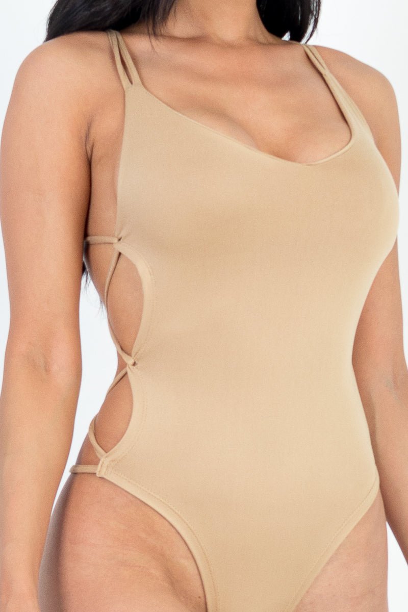Sexy solid color crisscross back V-neck bodysuit in beige, soft lightweight jersey, high stretch, featuring 92% polyester, 8% spandex.