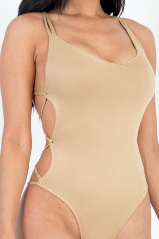 Sexy solid color crisscross back V-neck bodysuit in beige, soft lightweight jersey, high stretch, featuring 92% polyester, 8% spandex.