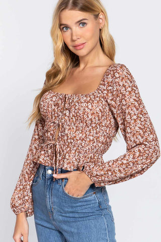 Shirring W/ribbon Woven Top-Mauve