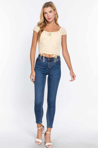 Short Sleeve Front Tie Ruched Detail Woven Top-Butter