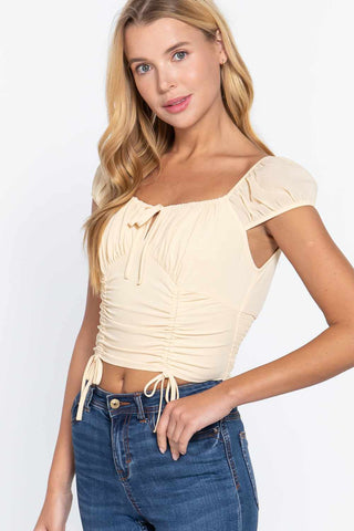 Short Sleeve Front Tie Ruched Detail Woven Top-Butter