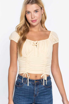Short Sleeve Front Tie Ruched Detail Woven Top-Butter