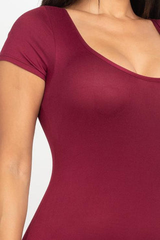 Maroon short sleeve scoop neck bodycon romper showcasing stretch and fit.