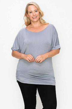Short Sleeve Top Featuring A Round Neck And Ruched Sides-Grey