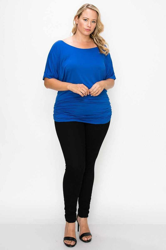 Short Sleeve Top Featuring A Round Neck And Ruched Sides-Royal Blue