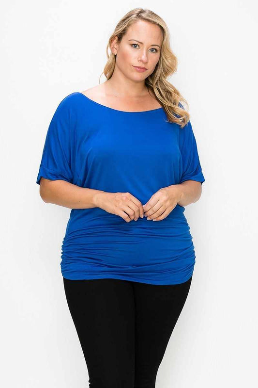 Short Sleeve Top Featuring A Round Neck And Ruched Sides-Royal Blue