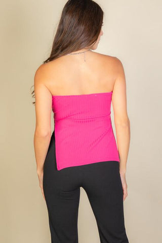 Side Slit Bandeau Tube Top | Ribbed Knit Strapless