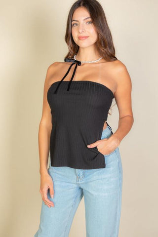 Side Slit Bandeau Tube Top | Ribbed Knit Strapless