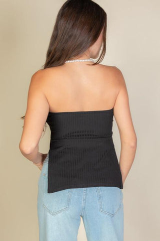 Side Slit Bandeau Tube Top | Ribbed Knit Strapless