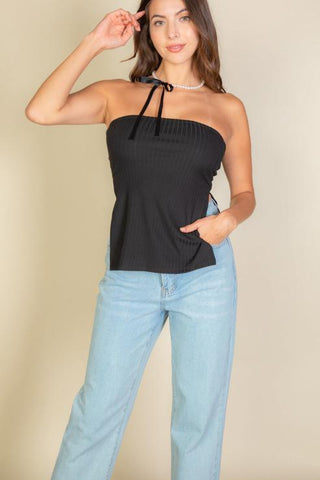 Side Slit Bandeau Tube Top | Ribbed Knit Strapless