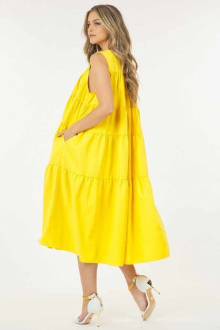 Sleeveless Basic Stretch Poplin Dress With Layers-Yellow