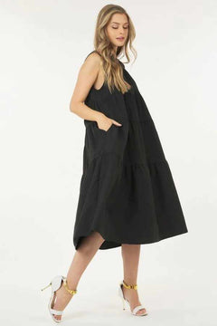 Sleeveless Basic Stretch Poplin Dress With Layers-Black