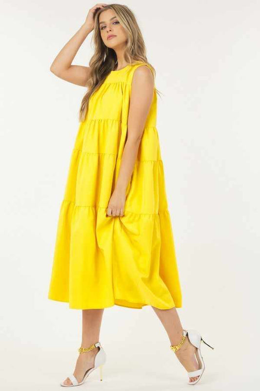 Sleeveless Basic Stretch Poplin Dress With Layers-Yellow