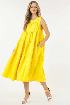 Sleeveless Basic Stretch Poplin Dress With Layers-Yellow