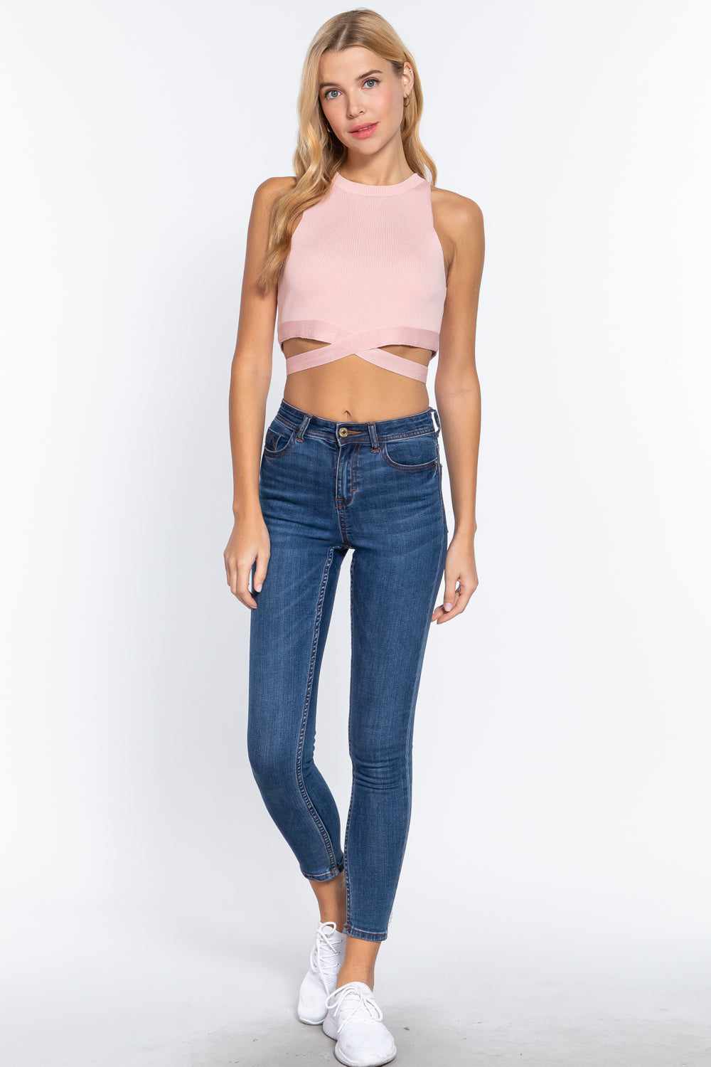 Sleeveless Crew Neck Waist Tie Crop Sweater Top-Water Pink