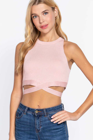 Sleeveless Crew Neck Waist Tie Crop Sweater Top-Water Pink