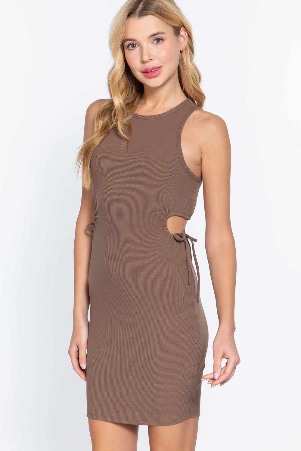 Sleeveless Round Neck Side Cut Out Detail Mini Dress-Brown